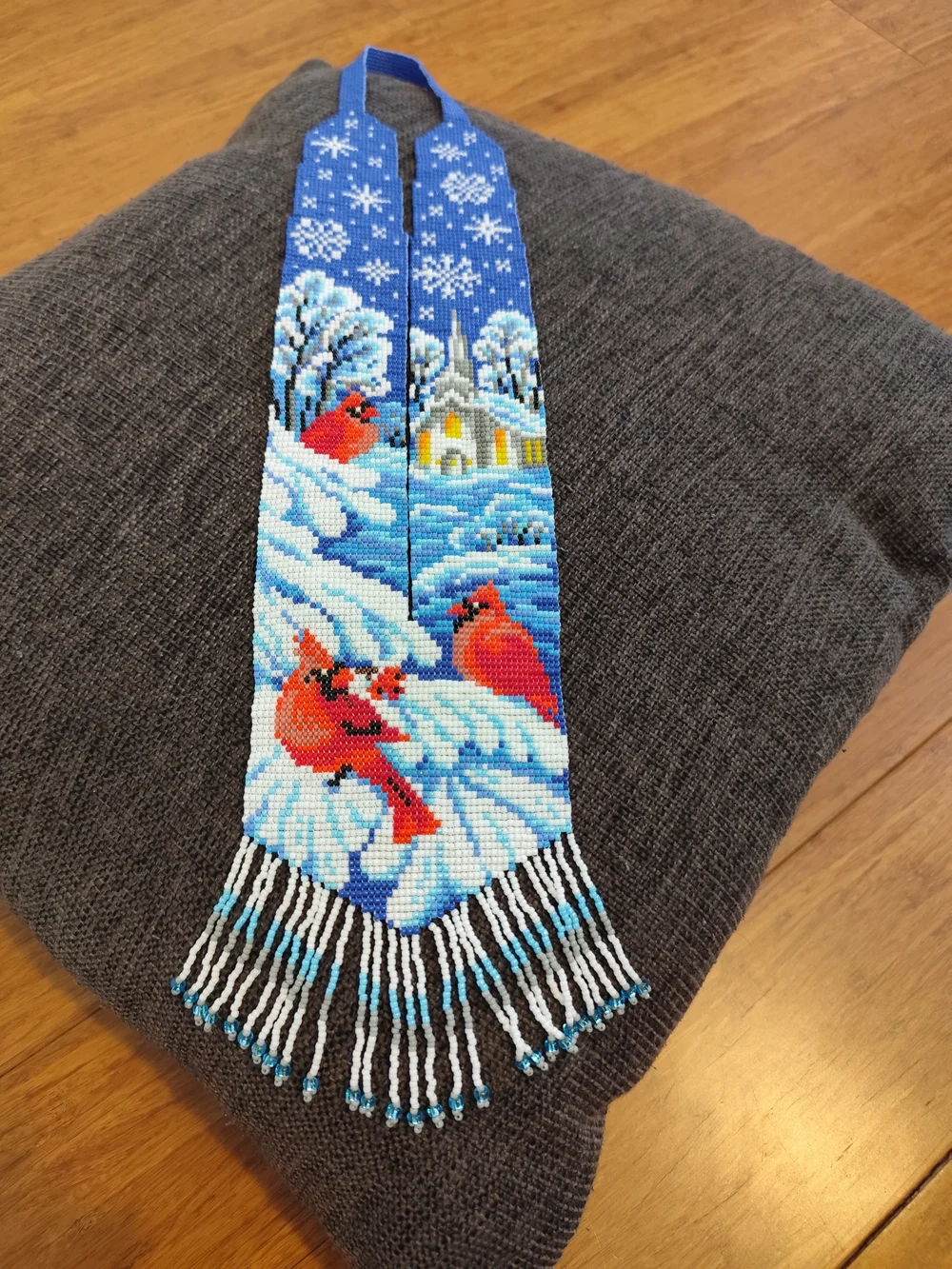 Handmade Beaded Cardinal Winter Necklace - Blue and Red